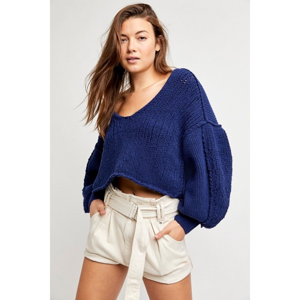 Free People Sea Bright Pullover Sweater XS Navy Cropped Balloon Sleeve Oversized